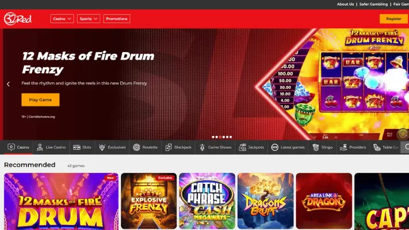 32Red website screenshot – a well-established betting site not on GamStop known for its casino and sports betting services