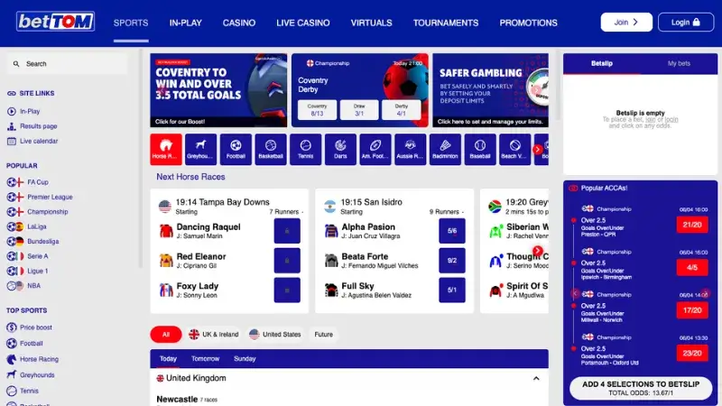 BetTom platform screenshot – a reliable betting site not on GamStop with easy registration and fast payouts