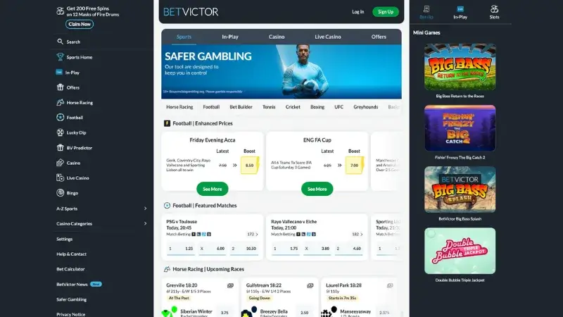 BetVictor homepage screenshot – a well-known betting site not on GamStop featuring sports, casino and live betting