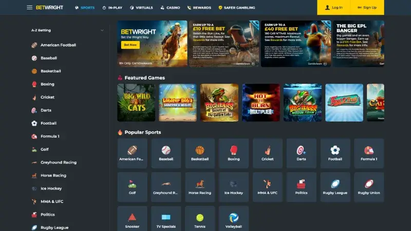 BetWright website screenshot – an independent betting site not on GamStop with flexible betting options
