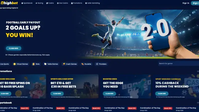 Highbet platform screenshot – a non GamStop betting site with a wide range of sports and casino options